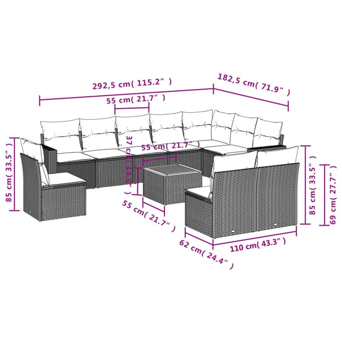 vidaXL - 11-delige - Tuinset - met - kussens - poly - rattan - beige