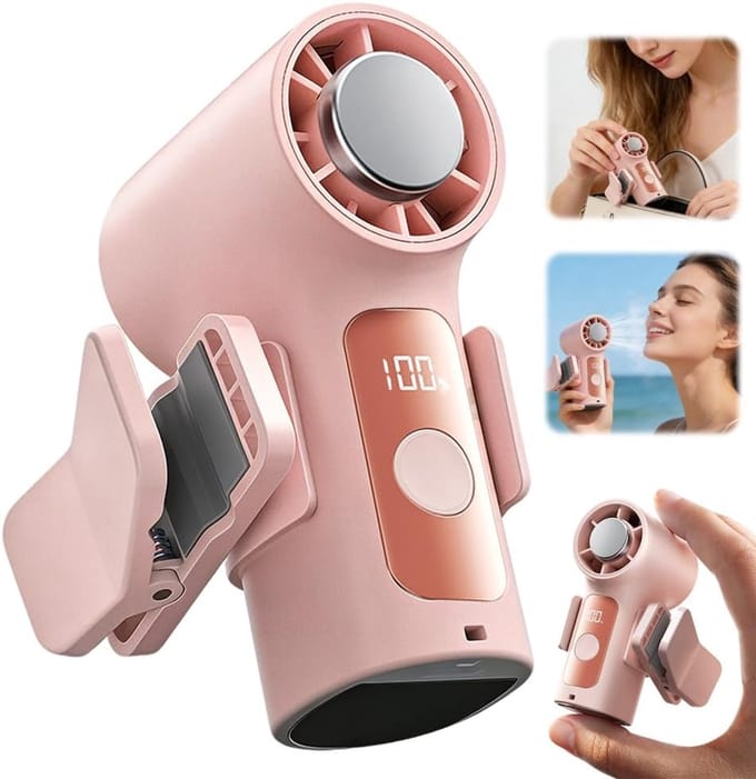 VHV - Handventilator - Mini ventilator - Clip ventilator - Draagbare ventilator - Oplaadbaar - 3000 mAh - Met LED display - Voor op reis, kantoor en onderweg - Roze