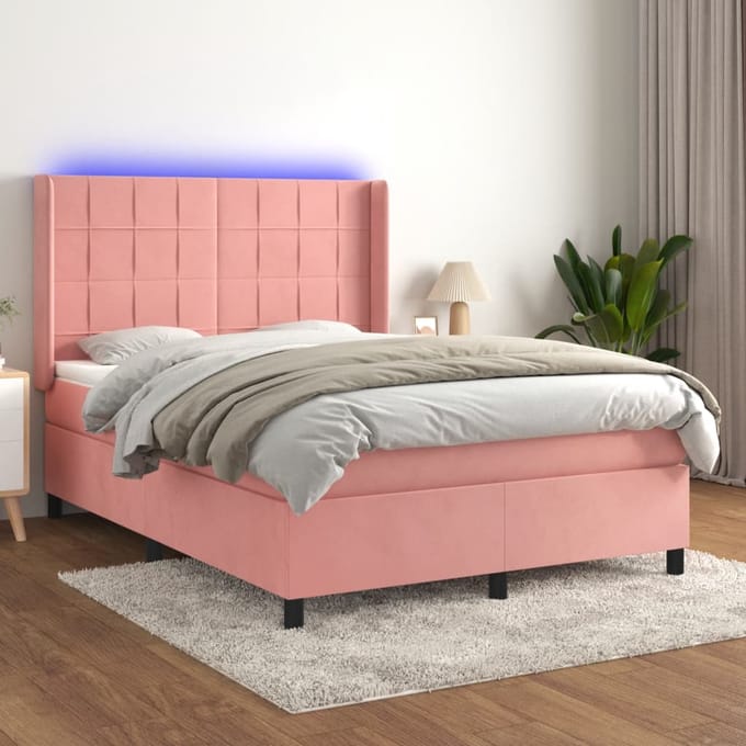 vidaXL - Boxspring - met - matras - en - LED - fluweel - roze - 140x200 - cm