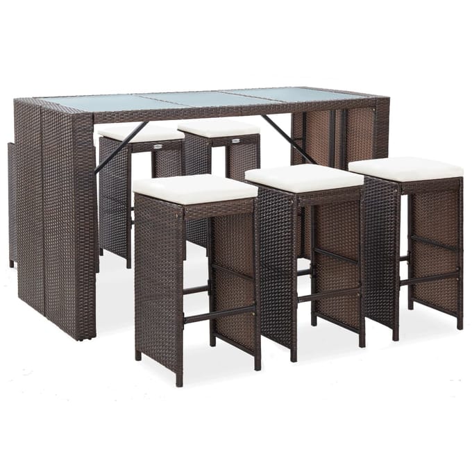 vidaXL - 7-delige - Tuinbarset - met - kussens - poly - rattan - bruin