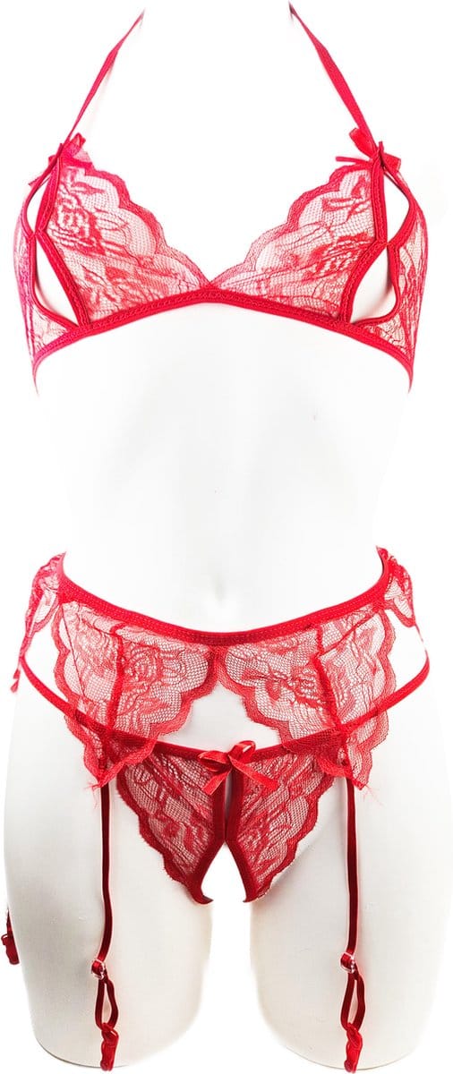 BamBella ® - Sexy Erotische Lingerie set met jarretel clips onesize Dames Rood