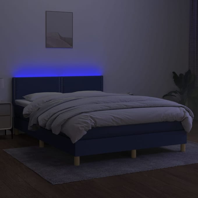 vidaXL - Boxspring - met - matras - en - LED - stof - blauw - 140x190 - cm