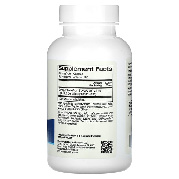 Serrapeptase, Proteolytisch Enzym, 40.000 SpU, 180 Veggie Capsules