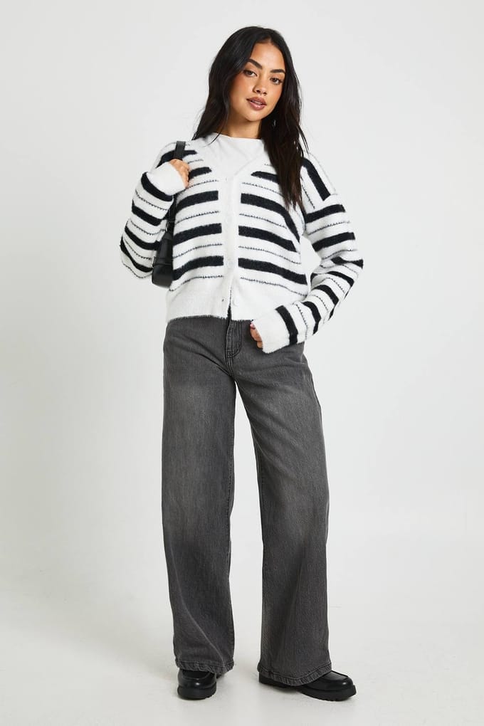 boohoo Dames Pluizige gebreide gestreepte cardigan | Mono | Maat: Small