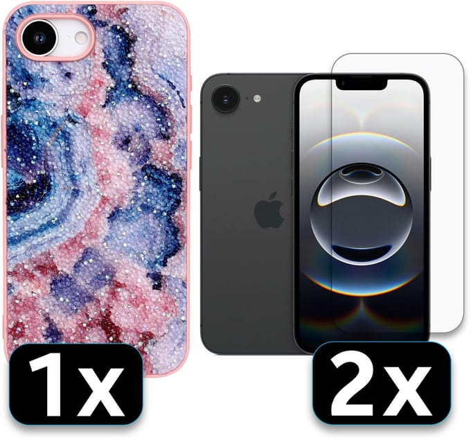 Casemania Hoesje Geschikt voor Apple iPhone 16e - Nova - Marmer Diamant Glitter Back Cover / 2x Glazen Screenprotector