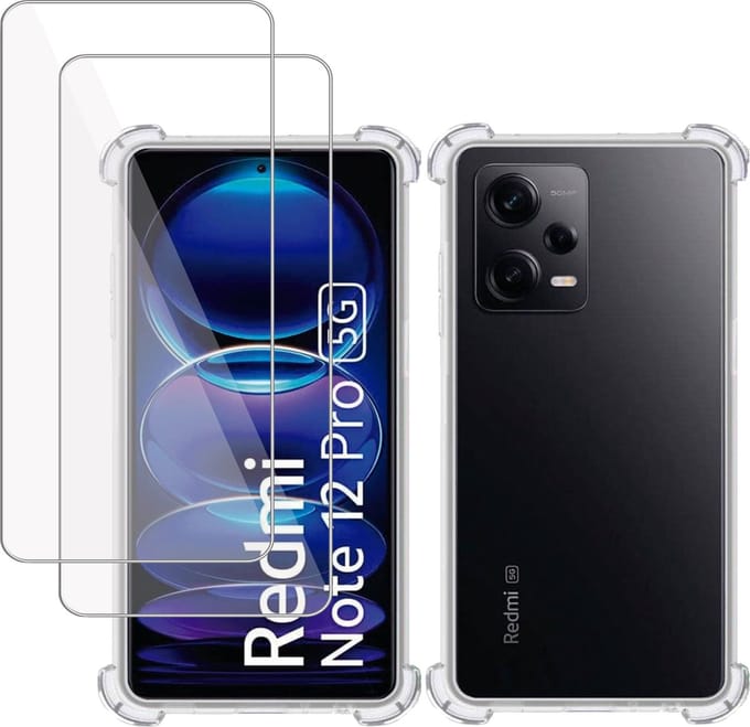 Hoesje + 2x Screenprotector geschikt voor Xiaomi Redmi Note 12 Pro – Tempered Glass - Extreme Shock Case Transparant