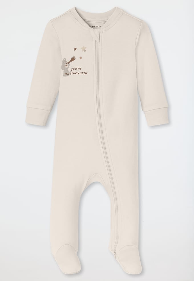 Langes rompertje met voetjes, teddybeer, beige gemêleerd - Baby 74/86