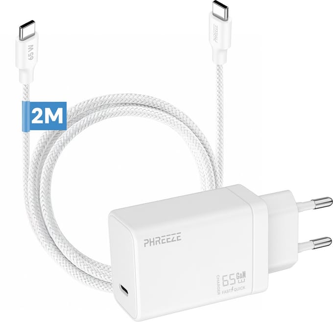 Phreeze usb C power adapter 65 W met usb C naar usb C kabel 2 meter - Fast charger - Power Delivery oplader