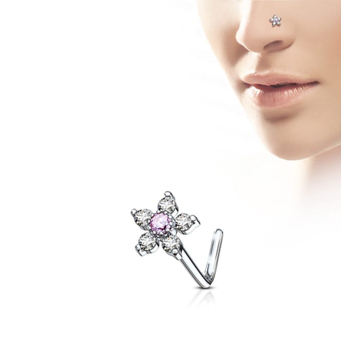 Neuspiercing L-bend flower 6top 0.8x6x6 - wit/roze - LMPiercings