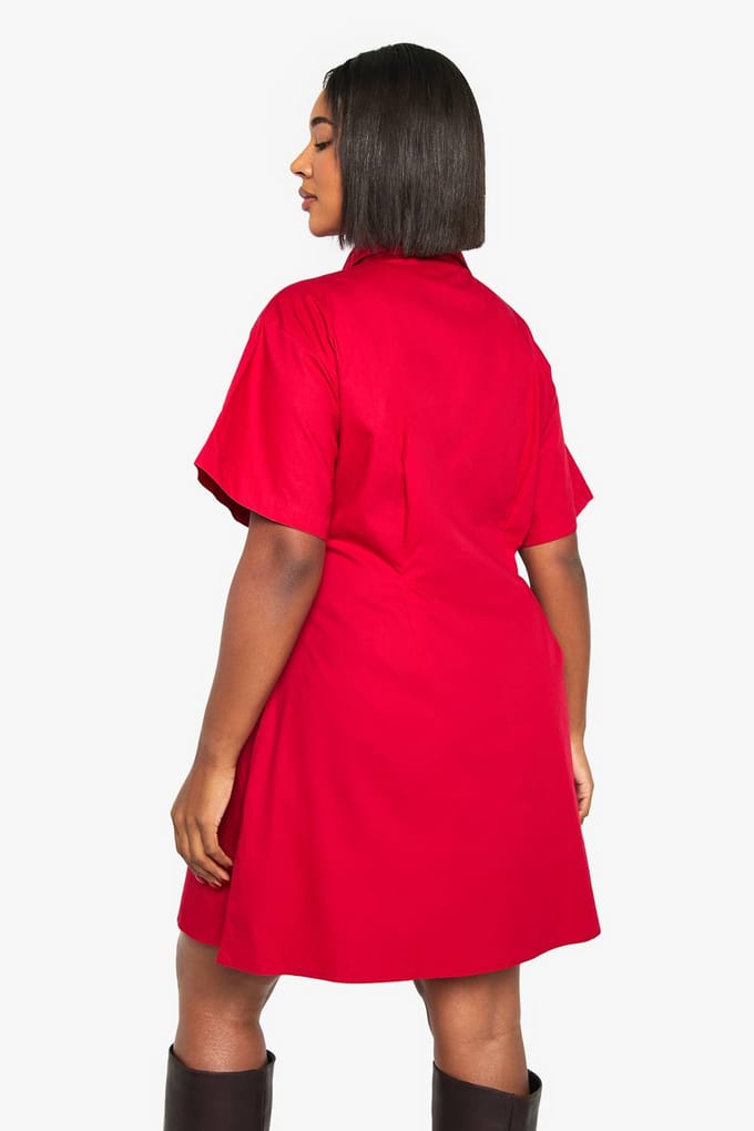boohoo Dames Plus Poplin getailleerde overhemdjurk | Rood | Maat: 44