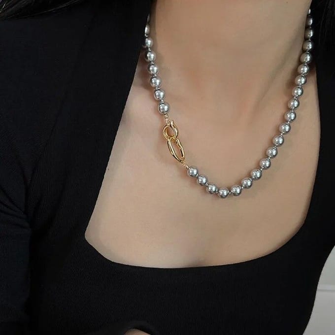Collier de perles de Simulation grise pour femmes, colliers à longue chaîne multifonctions de personnalité gris