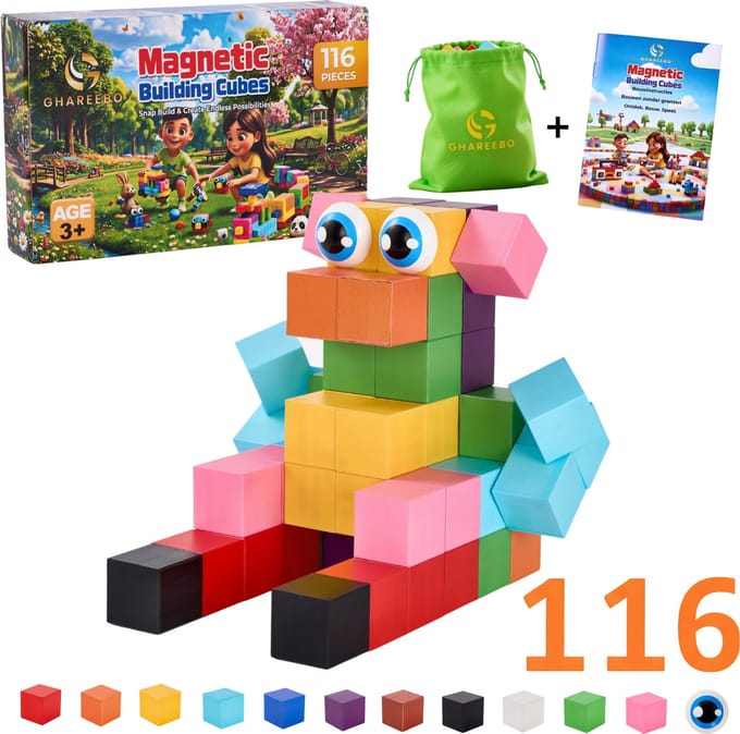Ghareebo Magnetische Blokken – 116 Stuks – Magnetisch Bouwspeelgoed – Vanaf 3 Jaar – 2,5 cm – Met Magnetische Ogen
