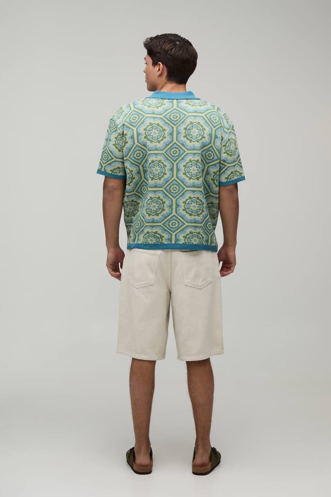 Oversized Boxy Crochet Cotton Blend Knitted Polo T-Shirt | Green | Size Small