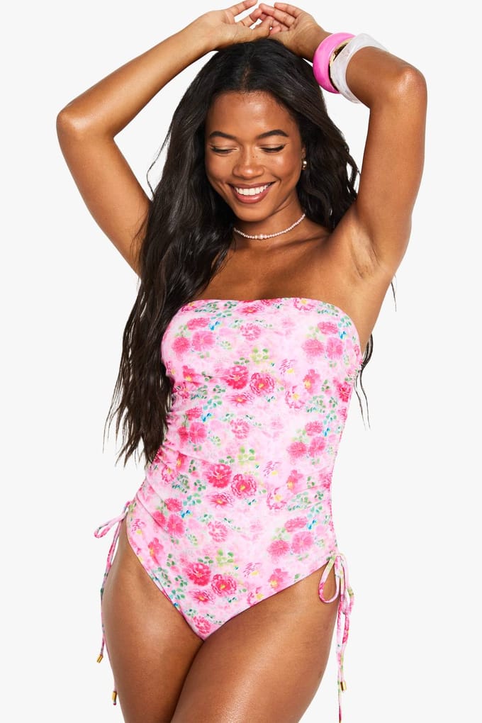 boohoo Dames Ruched Bandeau Zwempak | Pink | Maat: 6