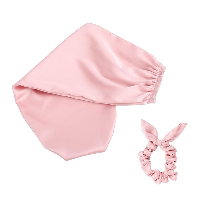 Slaapmuts voor Dagelijks Gebruik 2-in-1 Haarelastiekjes en Krullend Haar Mutsje met Elastische Scrunchie Roze white