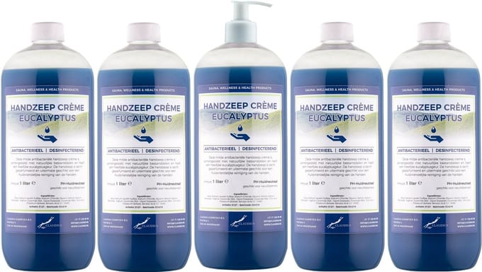 Handzeep Crème Eucalyptus 1 liter - set van 5 stuks - met gratis pomp - Voordeelverpakking