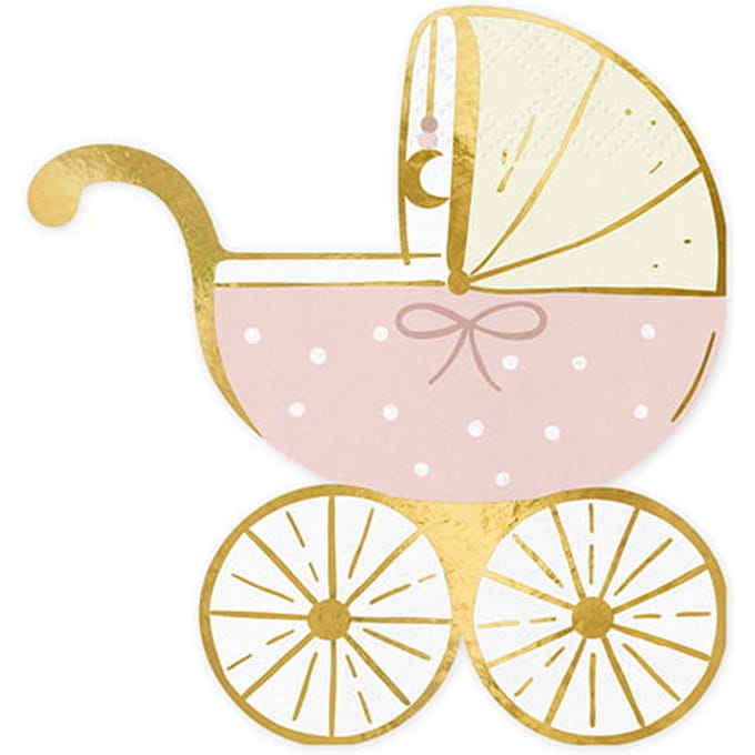Partydeco - Servetten kinderwagen roze (20 stuks) babyshoweer geboorte doop
