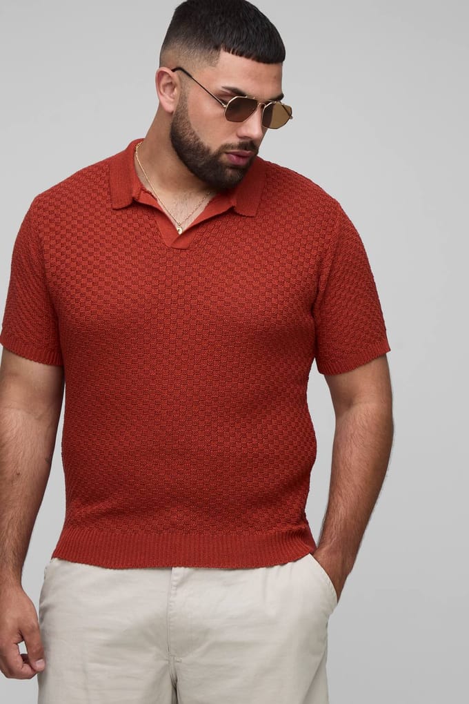 Plus Regular Fit Micro Ruit Gehaakte Polo Shirt | Burnt Orange | Size 2XL