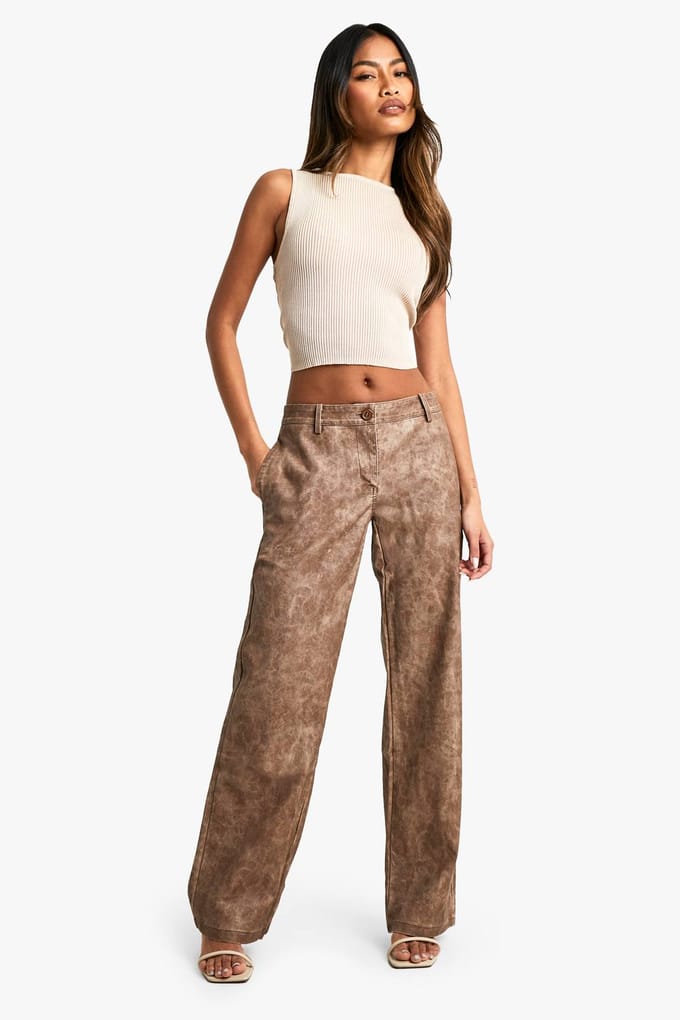 boohoo Dames Low Rise Washed PU Straight Leg Trouser | Vintage Was | Maat: 42