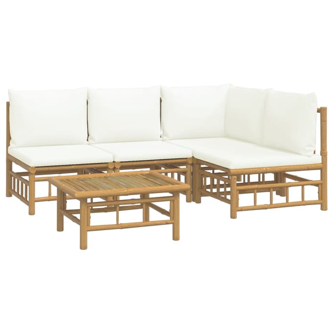 vidaXL - 5-delige - Loungeset - met - kussens - bamboe - crèmewit