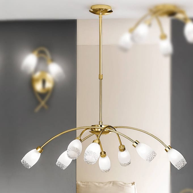 ORION hanglamp CARLA, messingkleurig, Ø 84 cm, metaal/glas 8-lamps.
