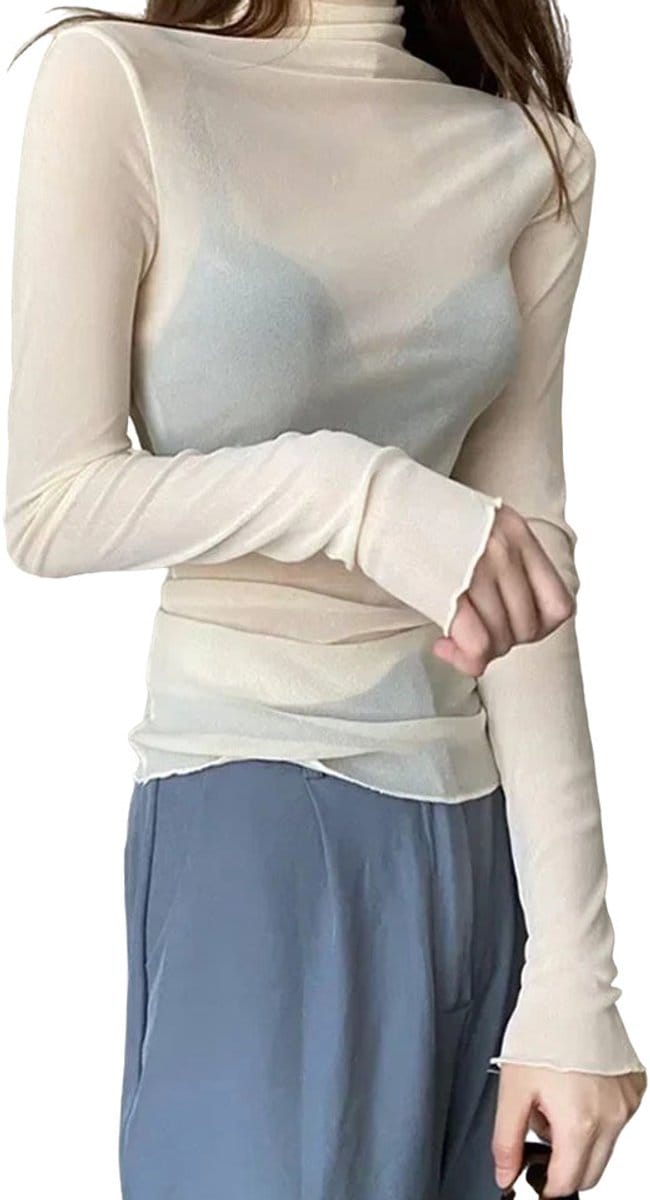 Mesh trui dames - Lange mouwen - Doorzichtig - Coltrui - Wit