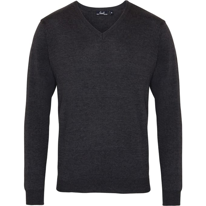 Premier Heren Gebreid Katoen Acryl V Hals Sweatshirt (Houtskool)