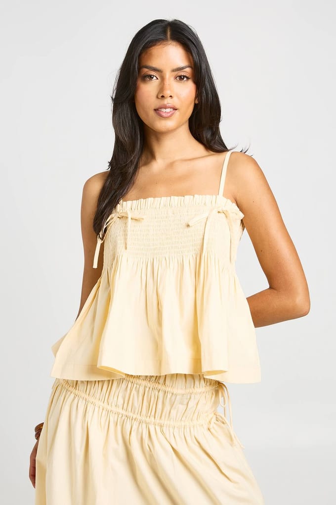 boohoo Dames Top Met Strikbandjes En Gerimpelde Peplum | Citroen | Maat: 42
