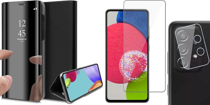Hoesje geschikt voor Samsung Galaxy A52s - Spiegel Book Case - Zwart - Met Screenprotector en Camera Screen Protector