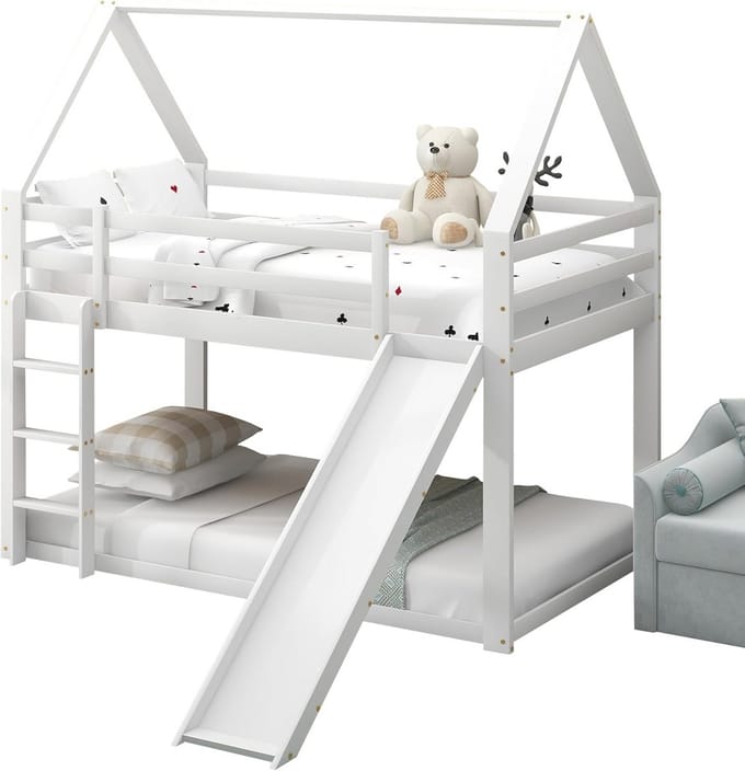 Stapelbed 90 x 200 cm met glijbaan, ladder en valbeveiliging - Kinderbed, Hoogslaper - Wit