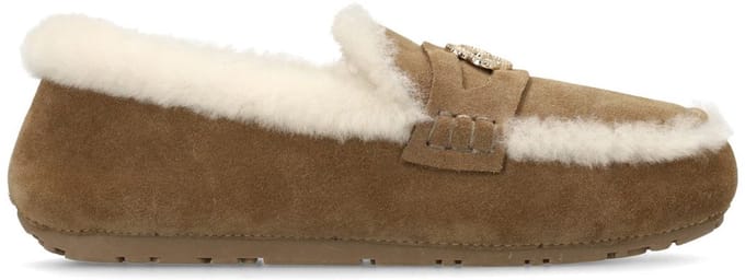 Manfield - Dames - Taupe suède pantoffels met bontrand - Maat 39