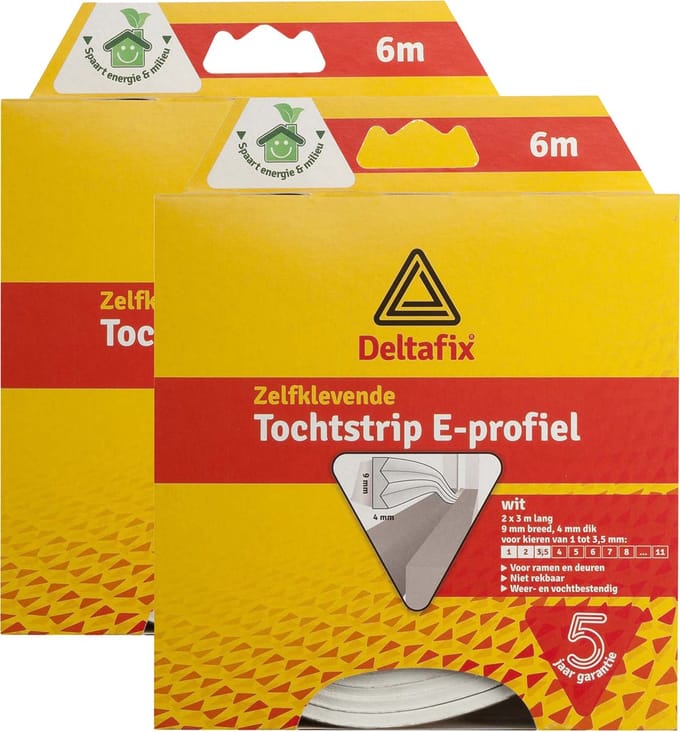 Deltafix Tochtstrip - 2x - tochtwering - wit - zelfklevend - E-profiel - 6 m x 9 mm x 4 mm