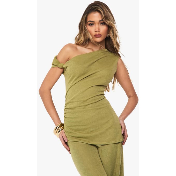 boohoo Dames Getextureerd schoudervrij geraffeld top | Olijf | Maat: 34