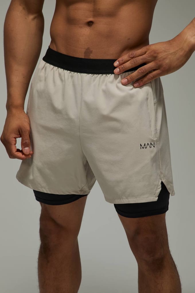 Heren Active Geperforeerde Stretch Geweven 2-in-1 Shorts | Taupe | Size XL