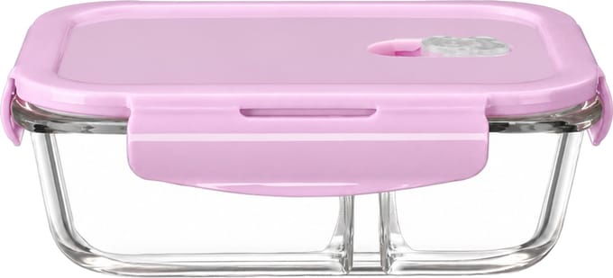 Broodtrommel van borosilicaatglas, 1040 ml, twee vakken, roze deksel