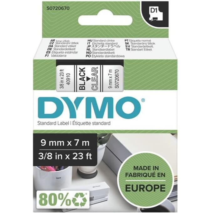 DYMO originele D1 labels | Zwarte Tekst op Doorzichtig Label | 9 mm x 7 m | zelfklevende etiketten voor de LabelManager labelprinter | gemaakt in Europa