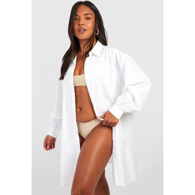 boohoo Dames Plus Longline Katoenen Strandhemd | Wit | Maat: 48