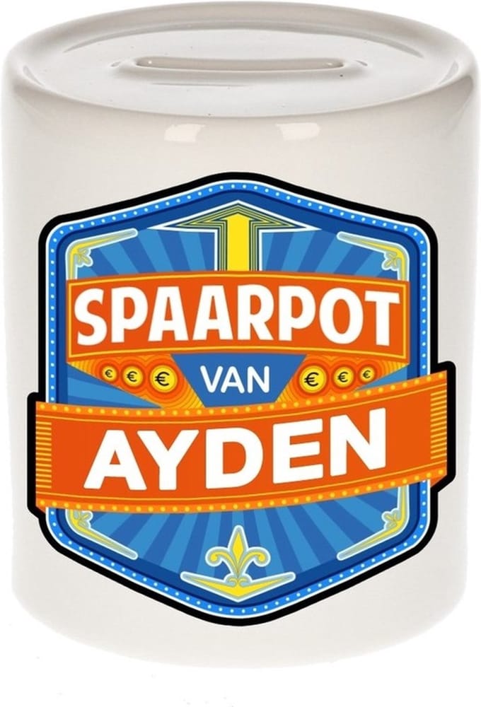 Bellatio Decorations Kinder spaarpot met naam - Ayden - keramiek - met dop - wit - Sparen - Spaargeld van Ayden