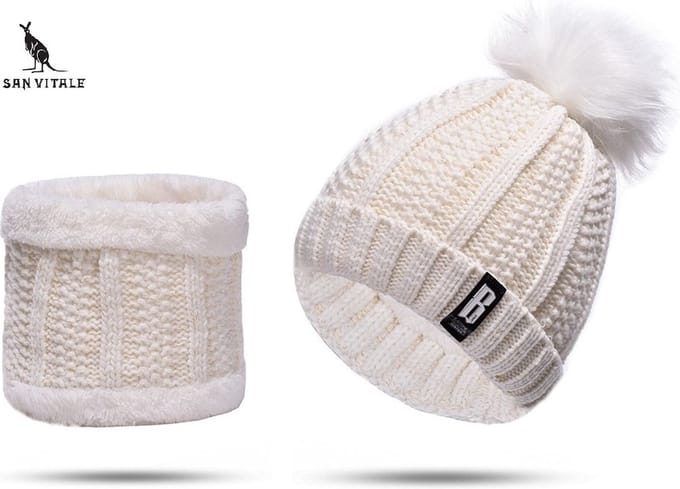 San Vitale® - Muts - Set met Col - Dikste kwaliteit - 200+ gram - Muts Dames - Wintermuts - Wit