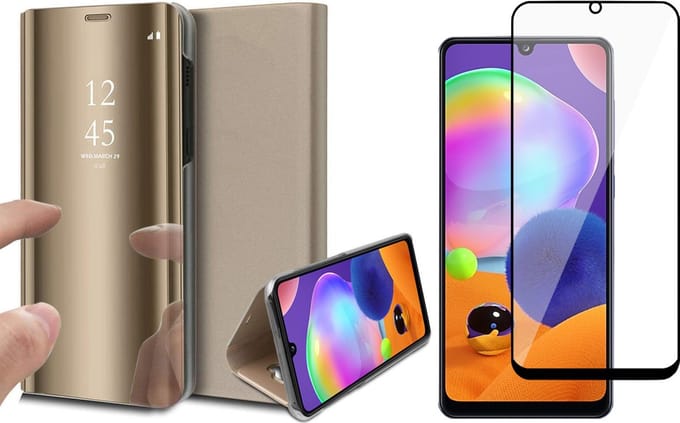 Hoesje geschikt voor Samsung Galaxy A31 - Screen Protector FullGuard - Book Case Spiegel Goud & Screenprotector