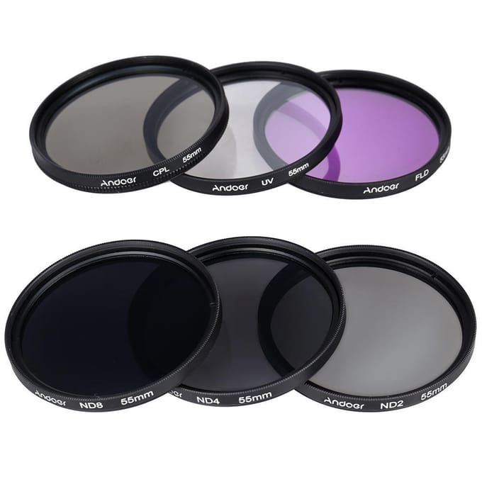 Andoer 55mm Lensfilterset UV+CPL+FLD+ND(ND2 ND4 ND8) met Draagzak   Lensdop   Lensdop blue
