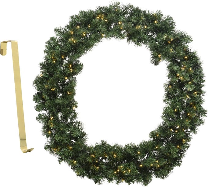 Kerstkrans - met verlichting - 60 cm- kunststof - incl. deurhanger