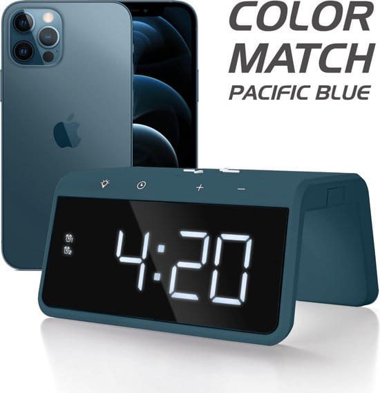 Caliber HCG019QI-PB - Wekker met draadloos laden en groot display - Pacific Blue