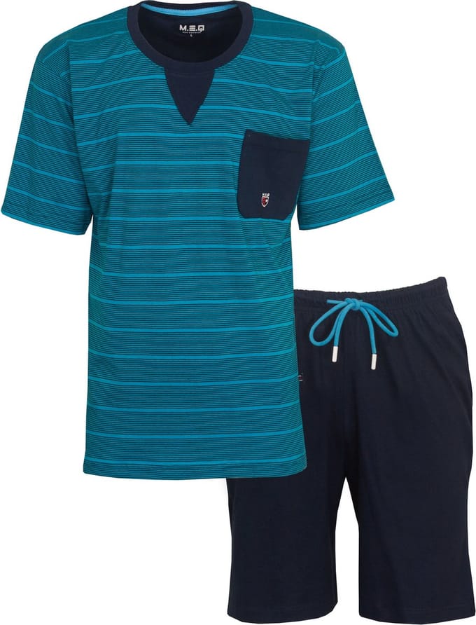 MEQ Heren Shortama - Pyjama Set - Korte mouwen - Katoen - Blauw - Maat S