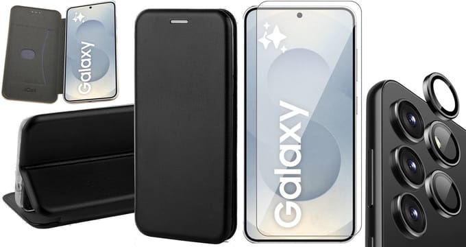 Hoesje geschikt voor Samsung Galaxy S25 Plus - Screenprotector Glas & Camera - Wallet Book Case Zwart