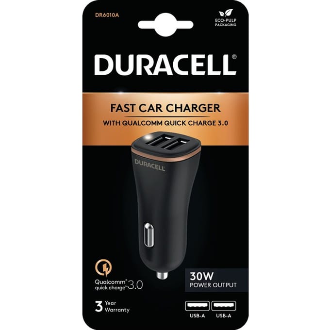 Duracell 30W Dubbele USB-A Autolader Quick Charge 3.0 4.8A Zwart