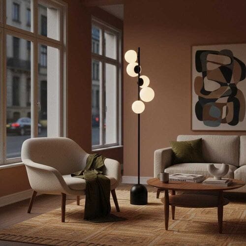 LUSENZ Evania - Zwarte Staande lamp Metaal 160 cm - 5 bollen  - Modern design - Woonkamer lamp - Opaalglas - E14 fitting - Met voetschakelaar