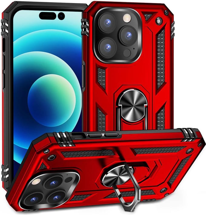 MobyDefend Hoesje - Geschikt voor iPhone 14 Pro - Pantsercase Met Draaibare Ring - Rood