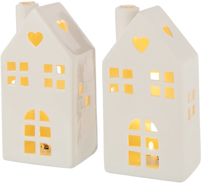 J-Line vaas Huis - keramiek - wit - 2 stuks - LED
