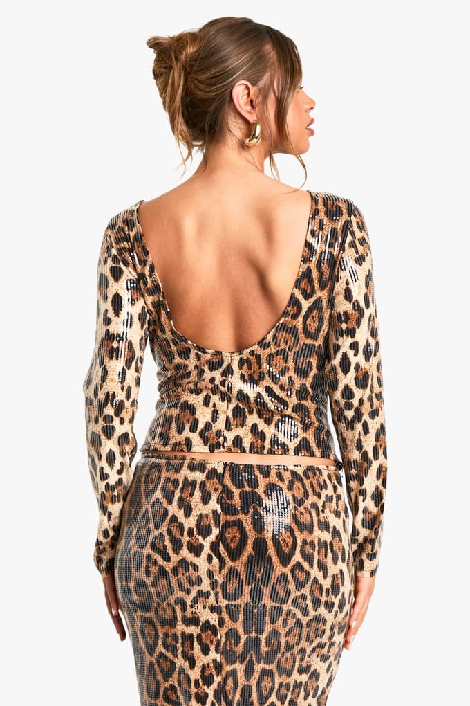 boohoo Dames Leopard Pailletten Rugloze Top | Brown | Maat: 8